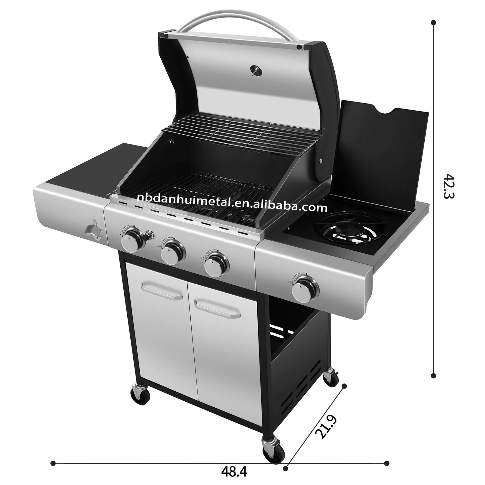 Four Burners Liquid Propane Gas Grill, BBQ Gas Grill With Stainless Steel, Gas BBQ Wagon For Outdoor Use