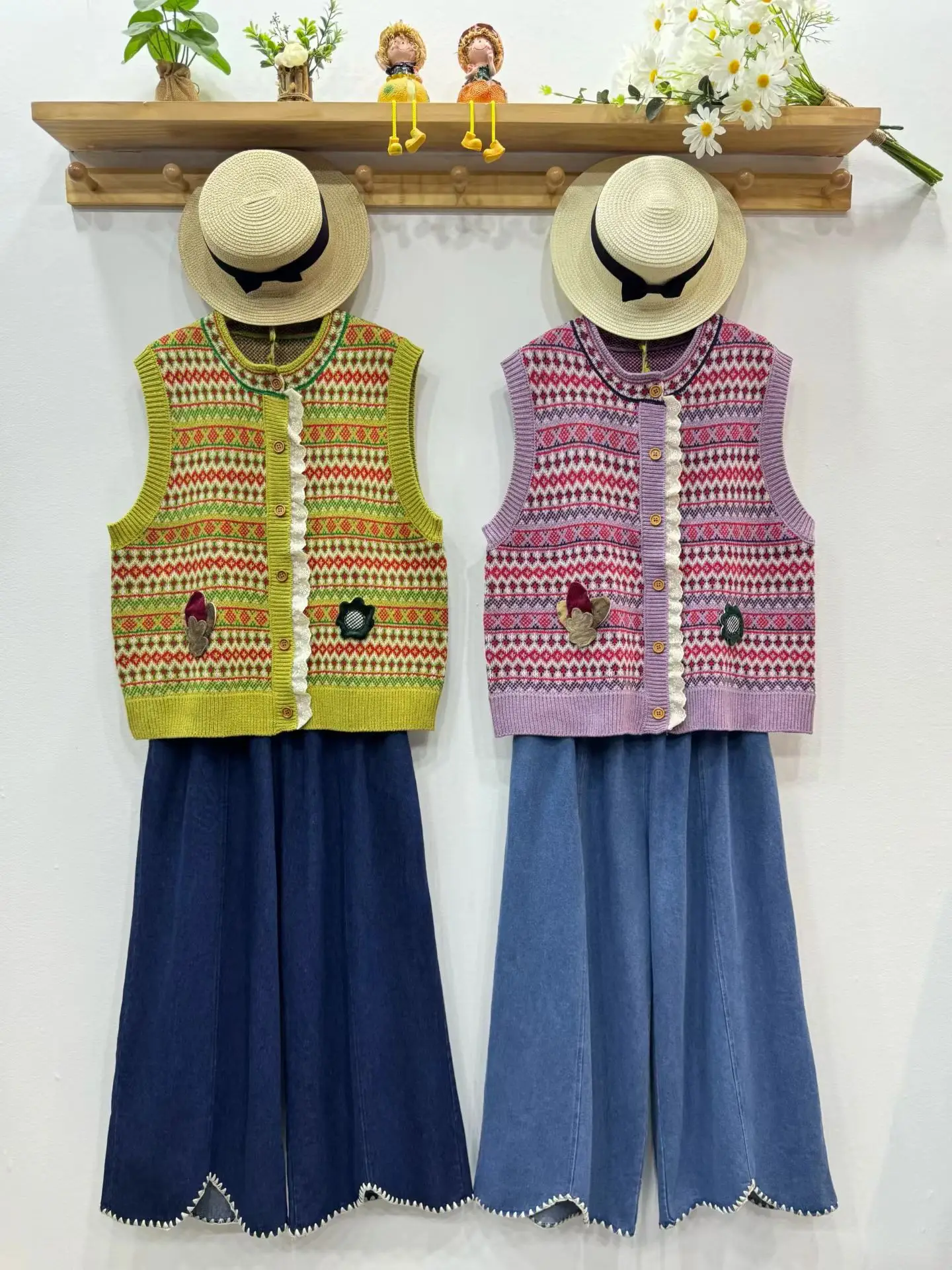 Retro Patchwork Knitted Lace Floral Print Loose Fit round Ne Vest Layering Faionable Top for Women Commute Sle Autumn C...