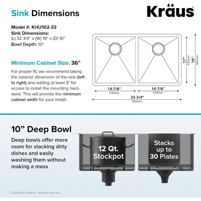 Kraus Standard Proステンレス鋼キッチンシンク,ダブルボウル,16ゲージ,50/50, 33インチ,KHU102-33