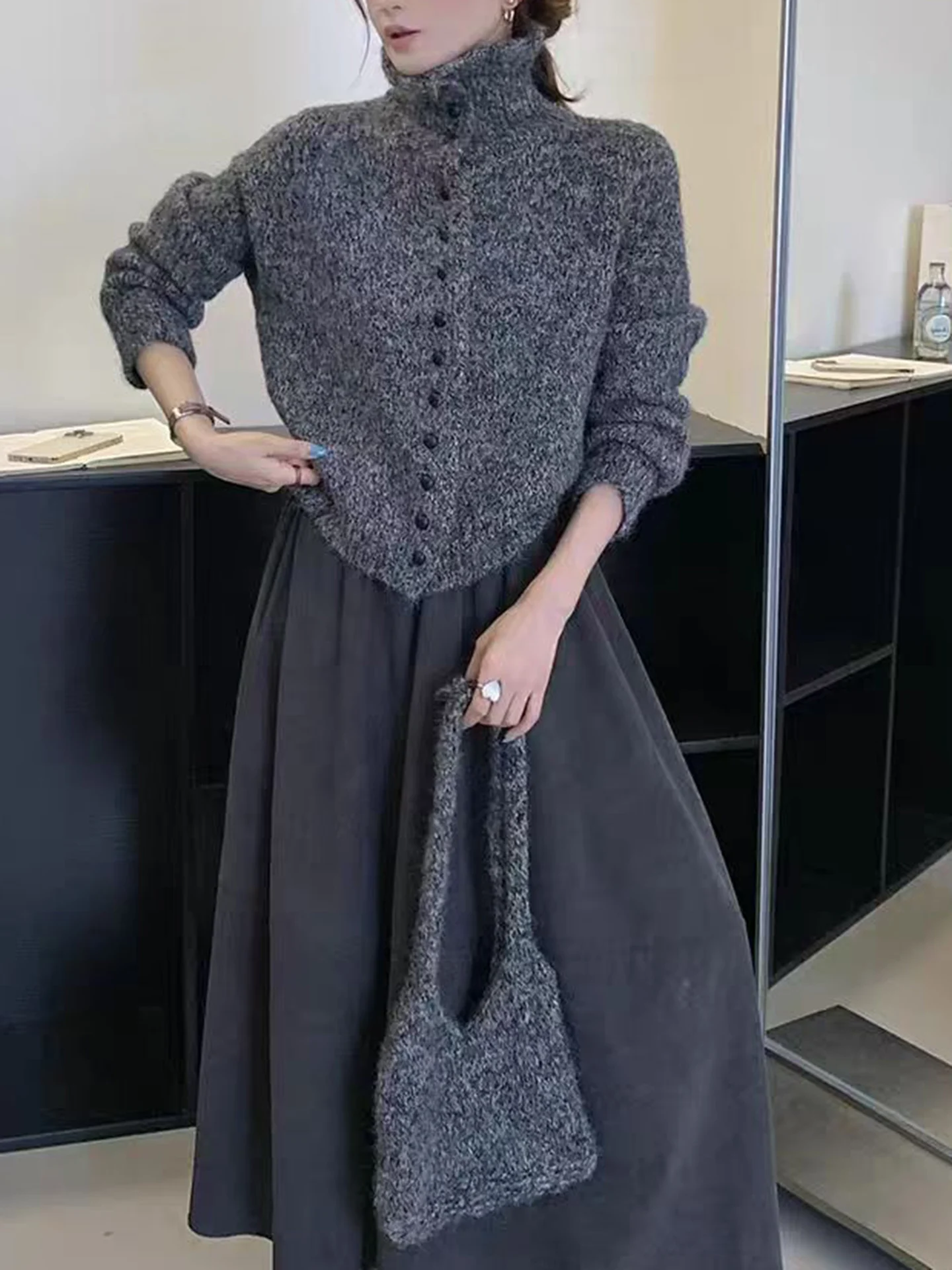 Lose Hohe Kragen Einzigen Taste Gestrickte Pullover frauen Koreanische Sle Weiche Lange Sve Mantel Sle Vielseitig Herbst Winter Neue...