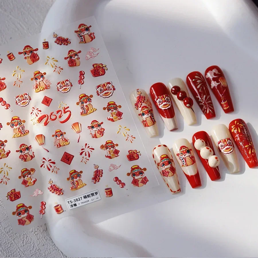 5D Relief Happy New Year 2025 Cute Snake Greetings Blessing Firecracker Adhesive Nail Art Stickers Decals Manicure Ornaments