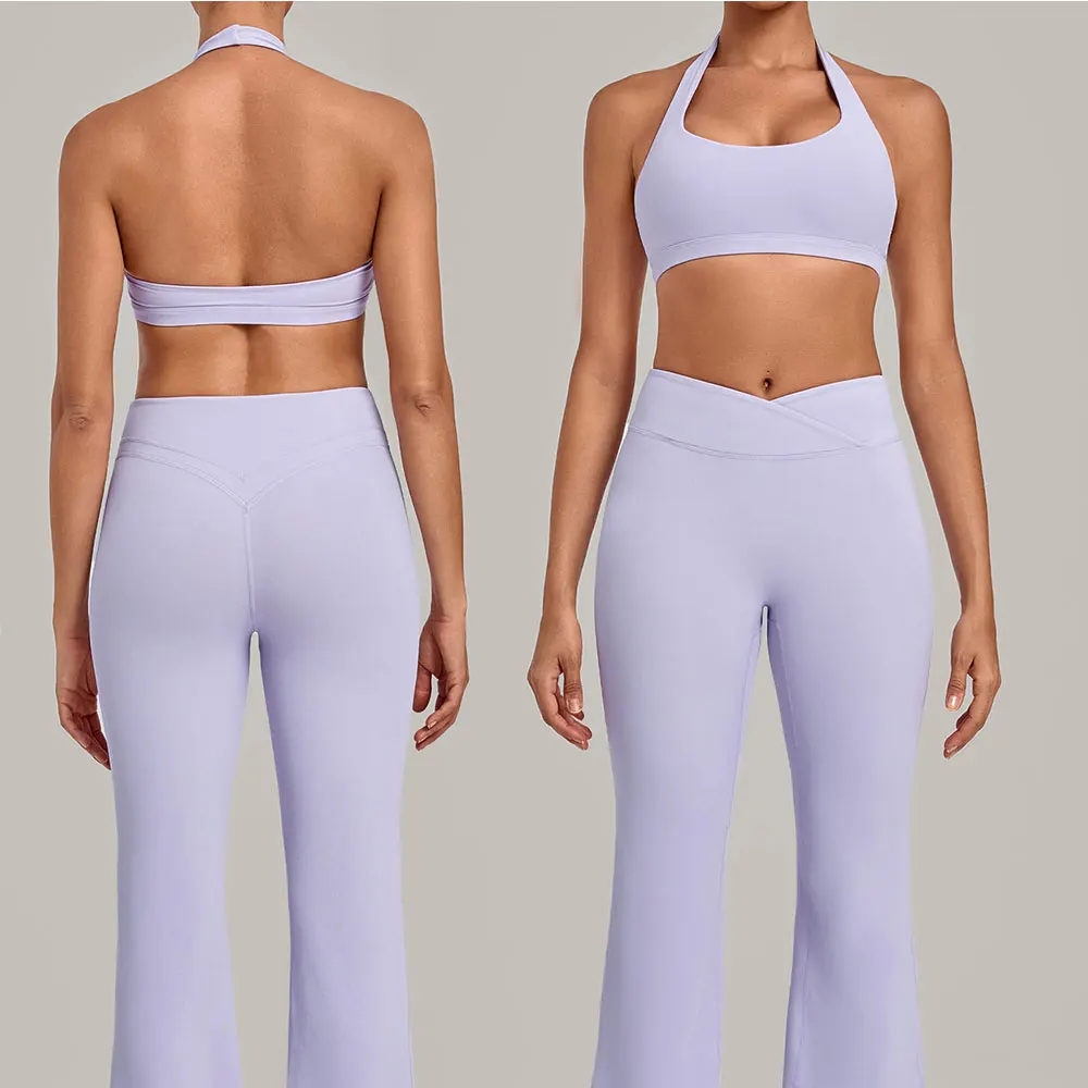 Fitness Set Summer Yoga Set 2Pcs Women Breathable Backless Halter-Neck Sports Bra Push Up Pilates Fitness Top Straight Leg Pants