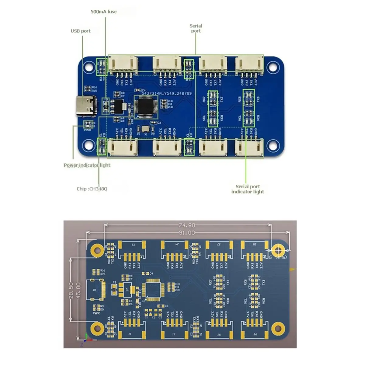 A10I CH344Q USB to 8CH TTL Serial Module Serial Port Type C to TTL High-Speed CH348 Chip Expansion Module