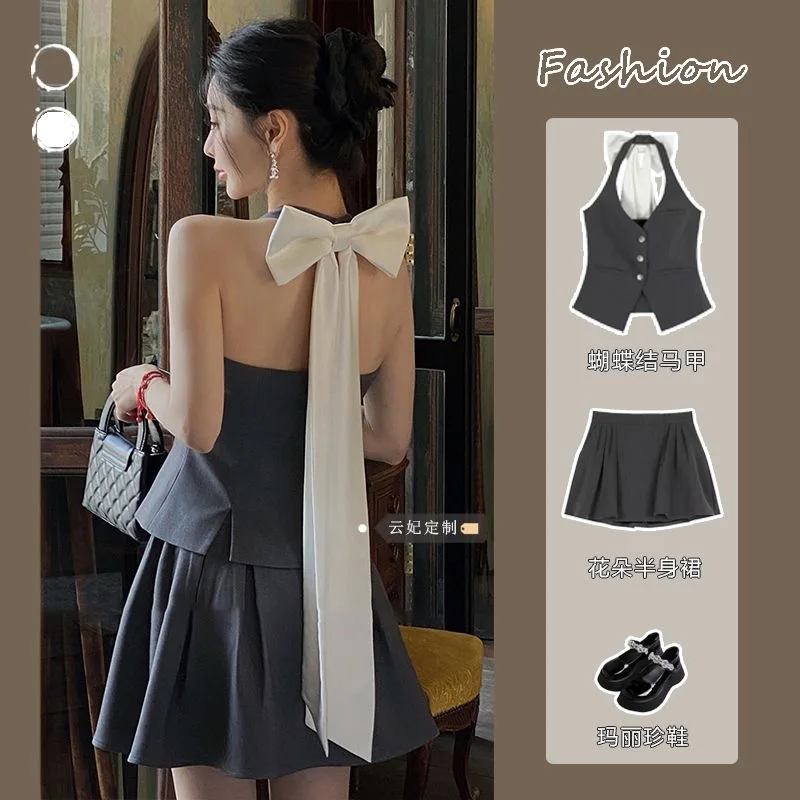 Two-Piece Suit Bow Patchwork Backless Sexy 2024 Spring New Streetwear Contrast Color  Camisole Women + Pleated A-Line Skirt