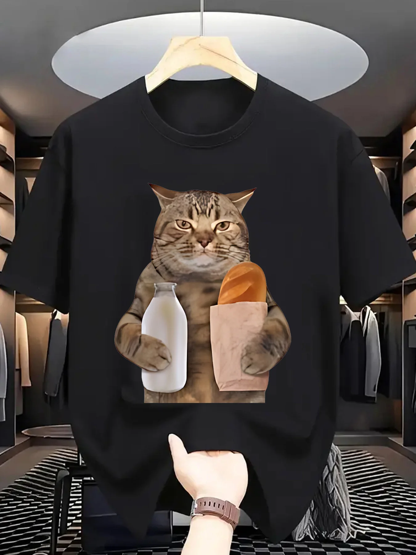 Herren Einkaufskatze Meme Grafik T-Shirt Damen Frühling Sommer Oversized Ironischer Humor Weirdcor Sarkastisches Lustiges Oberteil