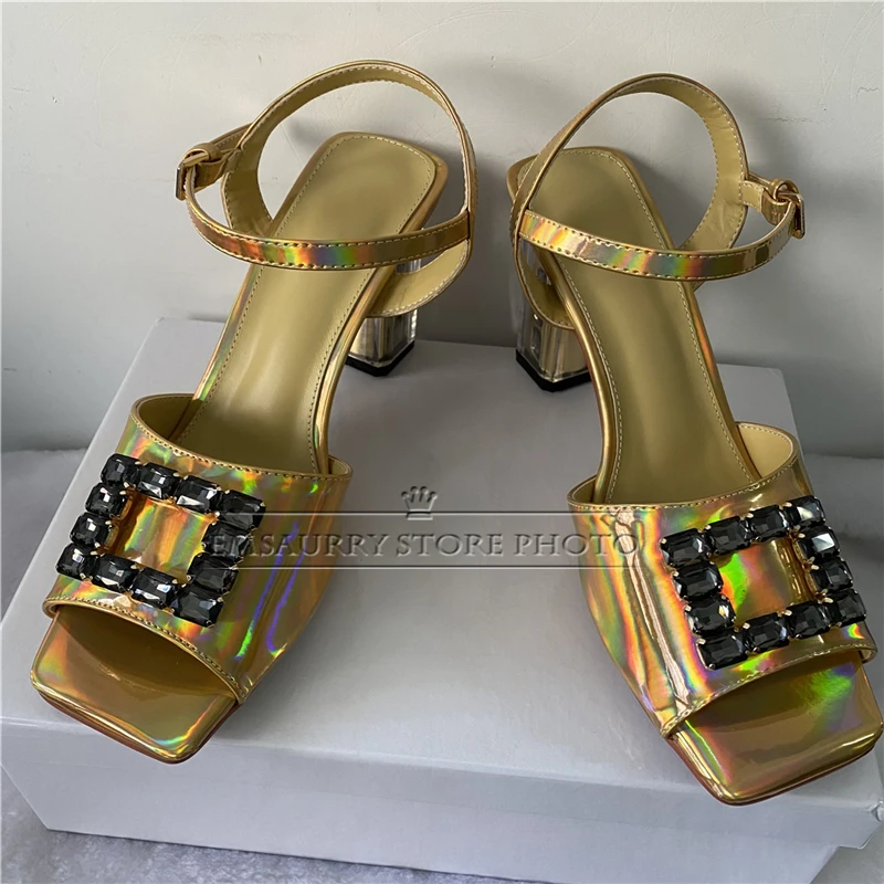 Unique High Heel Ankle Strap Sandals Women Luxury Laser Patent Leather Diamond Square Buckle Summer Shoes