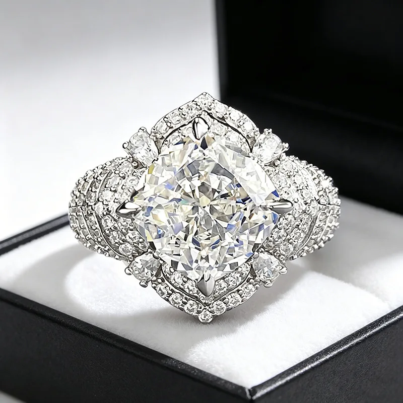 Luxury 18K white Solid Platinum PT950 certifid10*10 moissanite white cushion ring exquisite wedding ring precious jewelry
