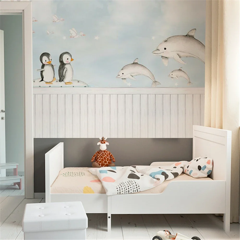 Custom Cartoon Penguin Dolphin Wallpaper for Children's Room Wall paper Boys' bedroom decoration Mural wall stickers home decor