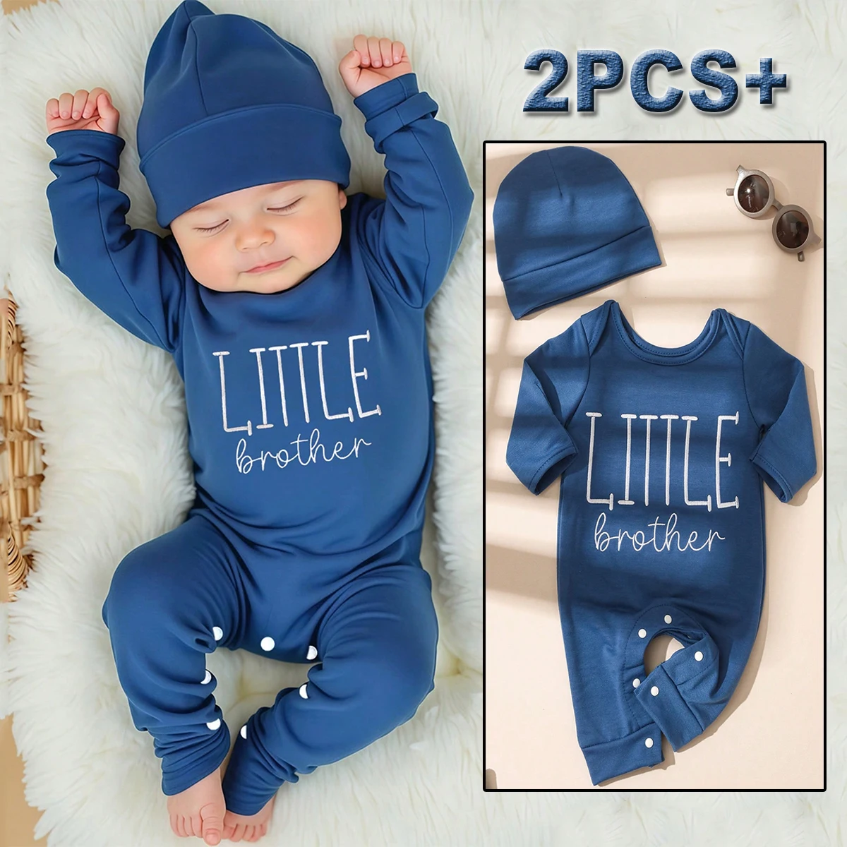2-teiliges Set für Neugeborenen-Fotografie: Bestickter Bodysuit mit Knöpfen, Langarm-Strampler mit Buchstabendruck + Mütze für den Alltag