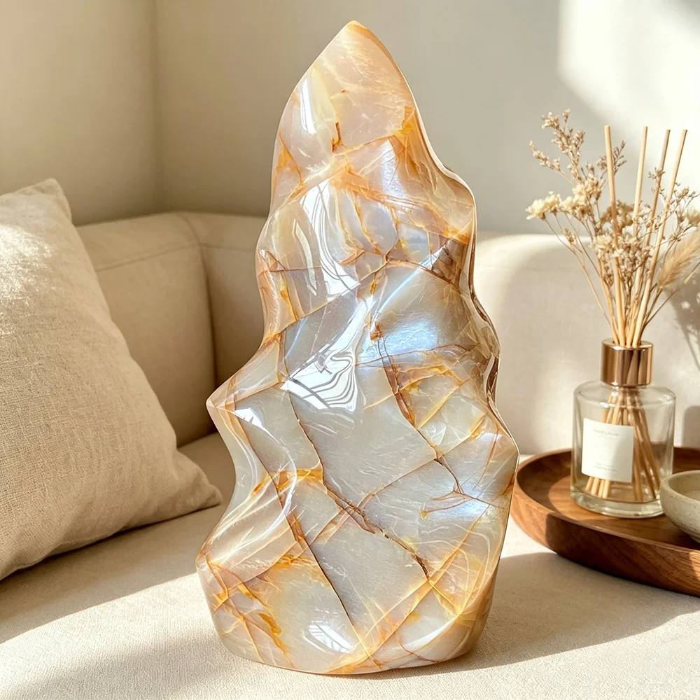 Natural Orange Moonstone Flame Torch, Polished Hand‑Carved Crystal Figurine for Home Table Aesthetic Room Decoration