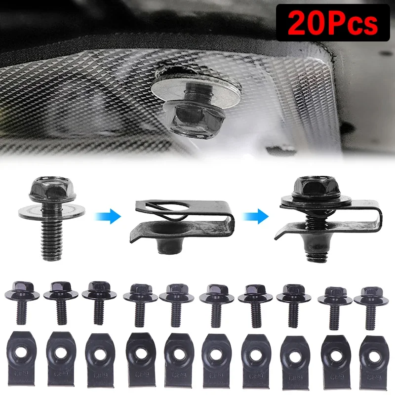 20 Stücke Karosserie Schrauben & U-mutter Clips M6 Motor Abdeckung Unterboden Spritzschutz Schutz Stoßstange Schutz Liner Retainer Verschluss Niet Schraube