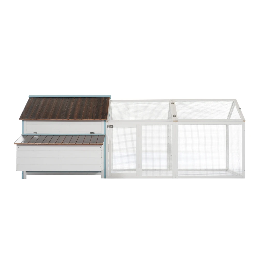 Outdoor Fir Wooden Chicken Coop with Spacious Exercise Run, Nesting Box, Access Doors, Weather Resistant Roof, Backyard Poultry Hen House, White and Blue and Brown