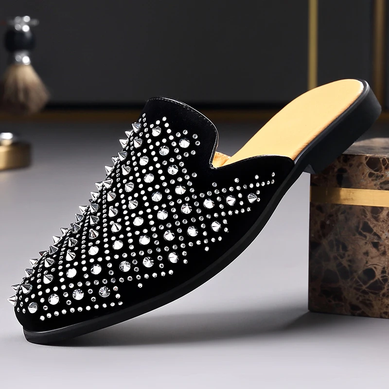 

Rivet Mules Half Loafers Slippers Plus Size 48 Slip-on Man Leather Slip On Flat Sneakers Open Back Casual Shoes Slides Sandalsv