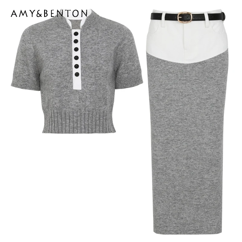 

2026 Spring Summer New Fashion Splicing Knitted Women's Short Sleeve Top French Design Slimming Sexy Elegant Skirt Sets Ladies