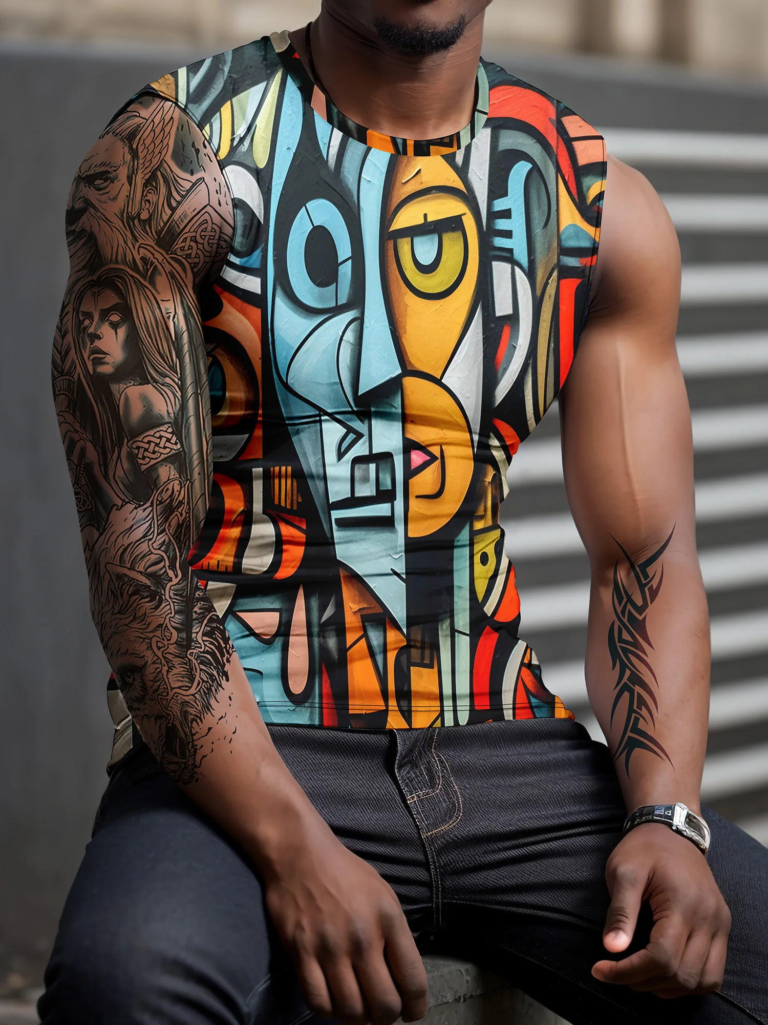 New Retro Men\'s Sleeveless T-shirt 3D Printed Spring/Summer Round Neck Sports Running Leisure Fitness Outdoor Polyester Tank Top