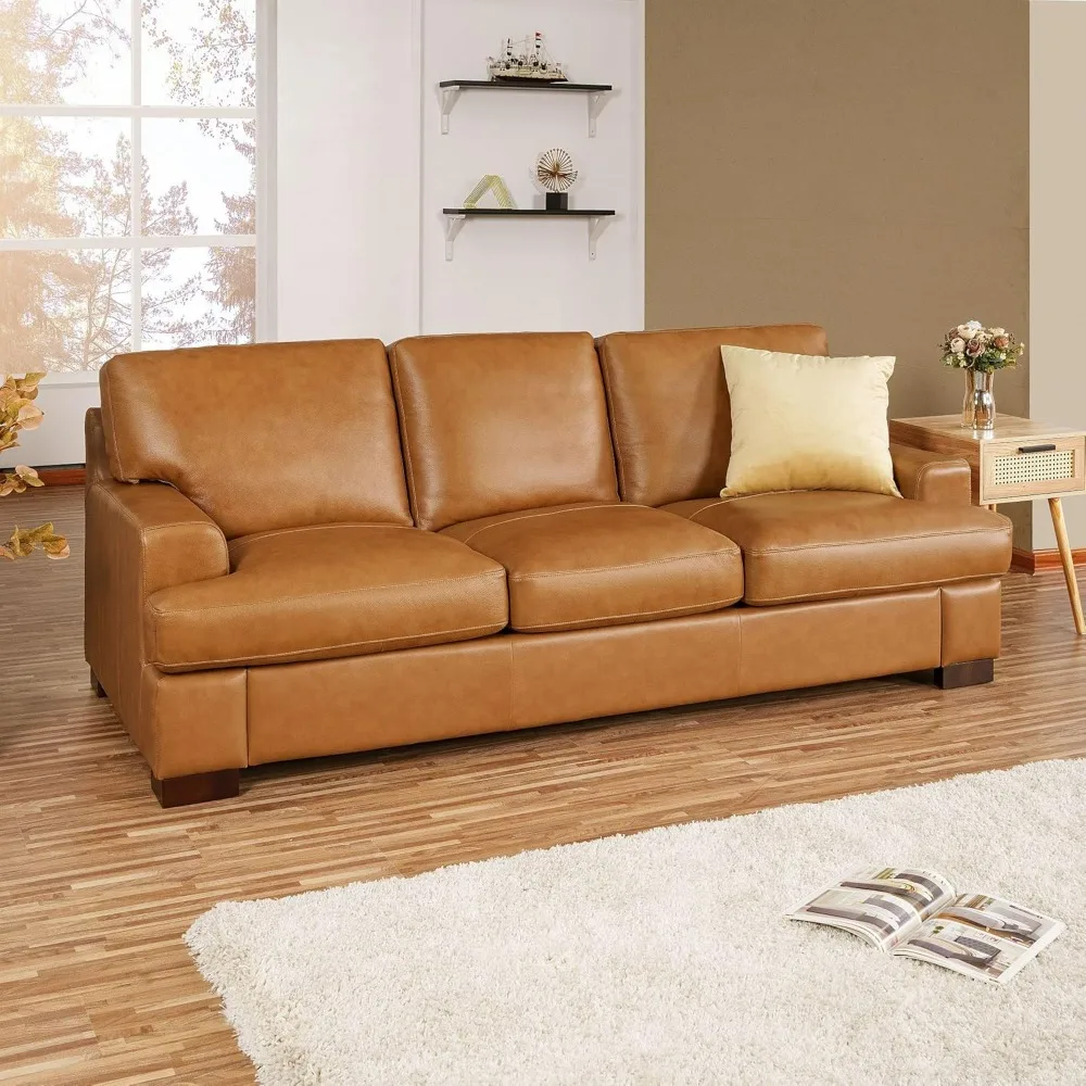 Genuine Leather Sofa - Luxurious Comfort, Goose Feather Cushion Filling, Square Arm Design, Sturdy Block Legs,