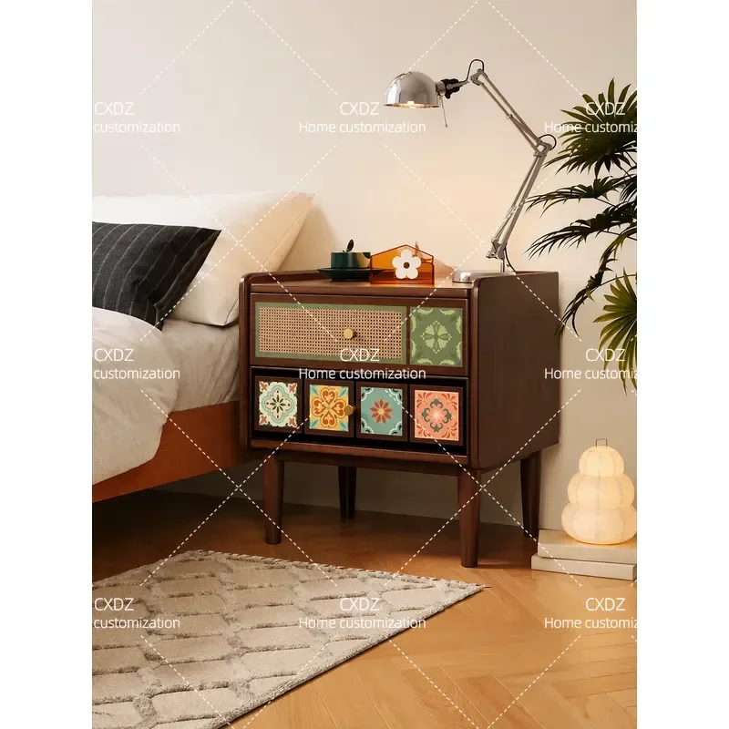Walnut Solid Wood Bedside Table Retro Style Nightstand Bedroom Storage Cabinet with Drawer Modern Home Furniture