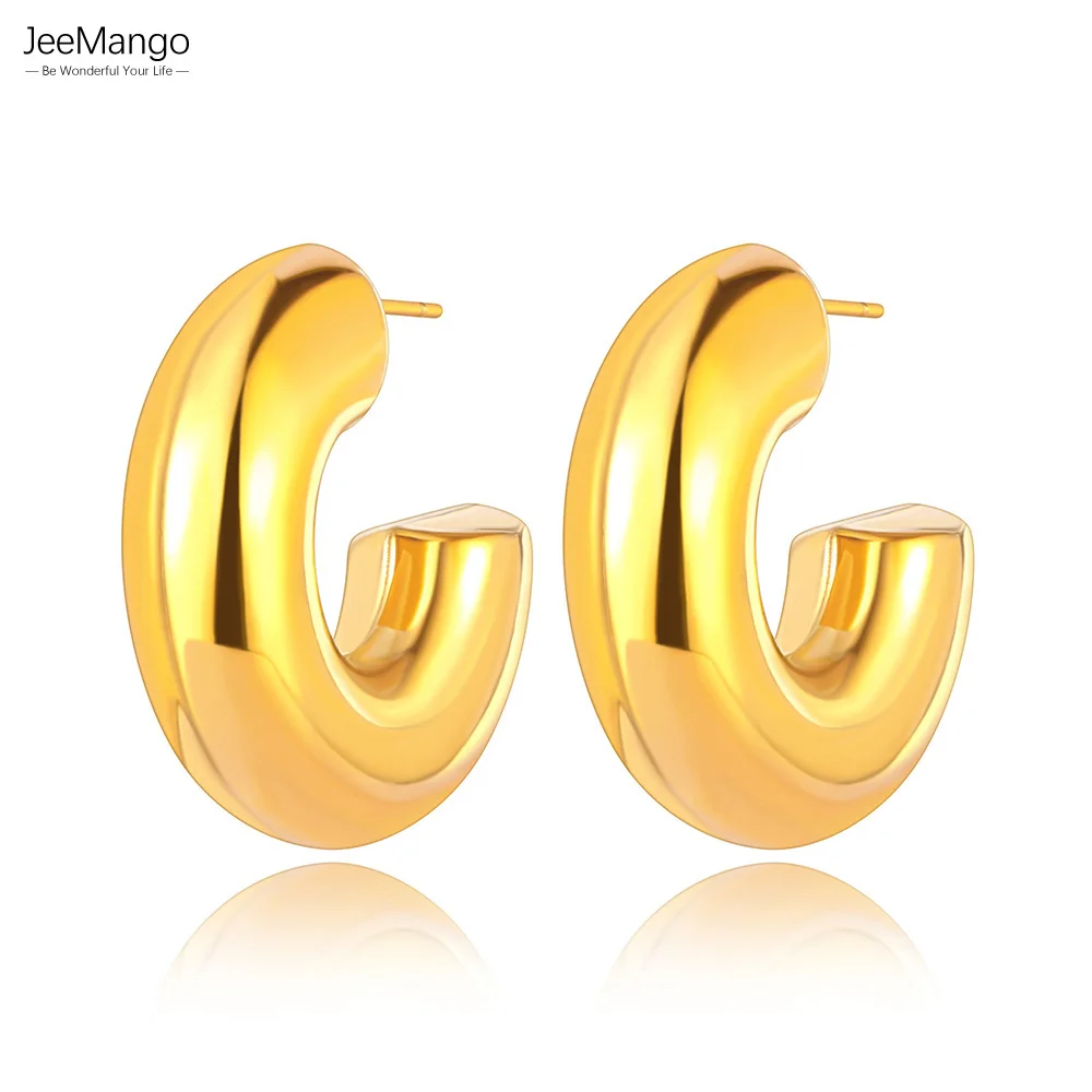 JeeMango Thick Stainless Steel Chunky Huggie Earrings For Women Waterproof 18K PVD Plated Fashion Jewelry Anti Allergic JE23117