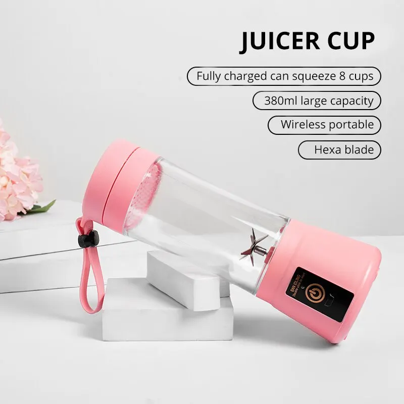 1Pc Pink Mini Portable Blender Milkshake Cup With USB Rechargeable 6 Blades Mini Fruit Juice Mixer Shake Take Juice Cup