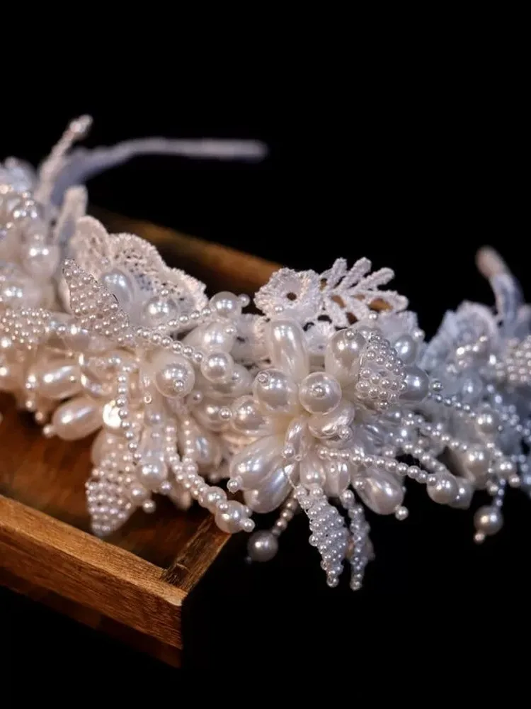

Ele Wedding Headwear Heavy Embellied Multi-layer Pearl Lace Hairband Crown Vintage Sle Bridal Accory Fre Outfit