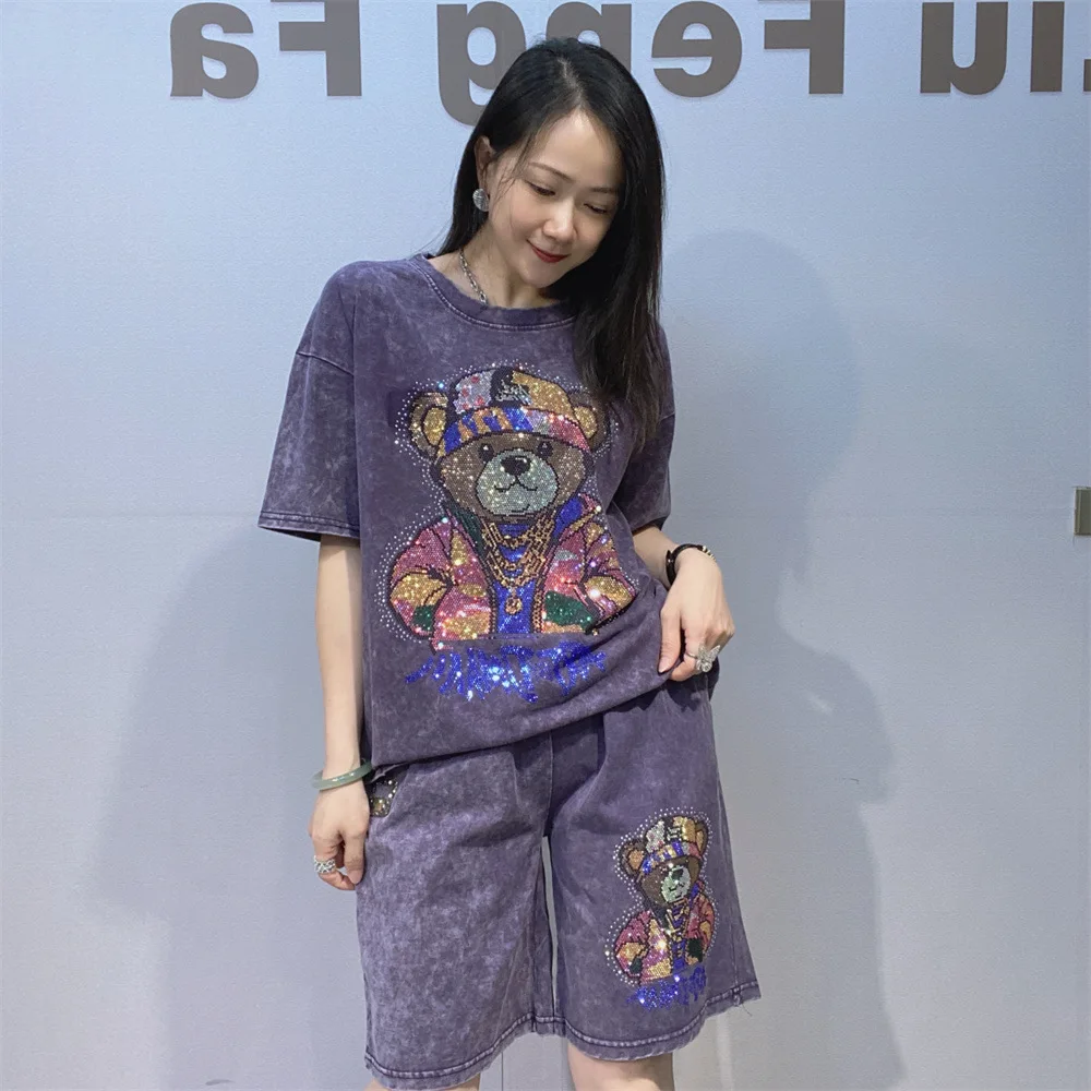 Cartoon Bear Tie-dye Short Sleeve 2 Piece Sets Woman Outfits Casual Oversized Short Pants 2026 Summer Bust 110cm Tracksuit Y2k view 3