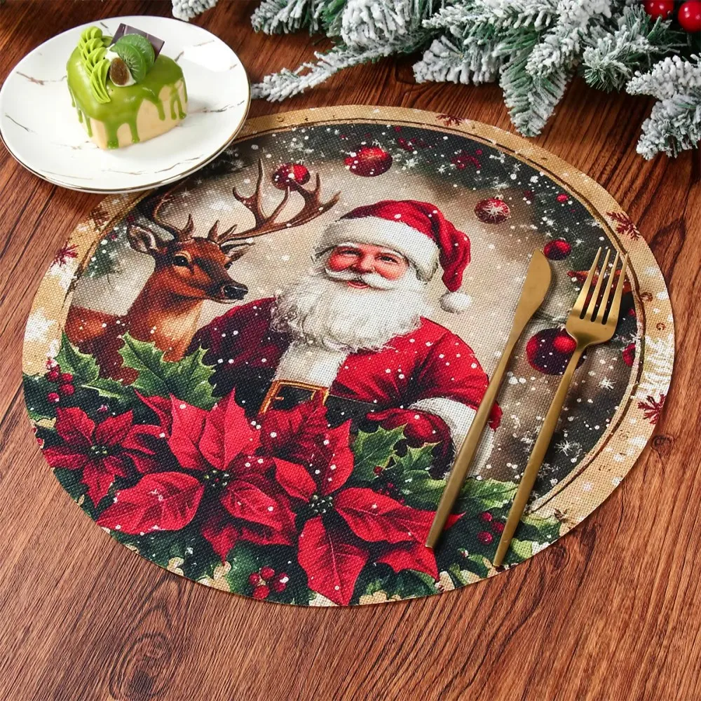 VIKAMA 4-Piece Vintage Christmas Placemat Set - Non-Slip Washable Santa Table Mats, 2025 Christmas Party Kitchen Decor