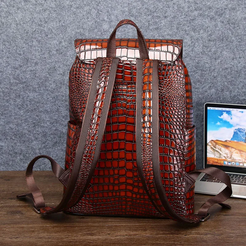 Bolso de cuero genuino con patrón de cocodrilo para hombre, mochila informal de negocios, bolsa de viaje de gran capacidad