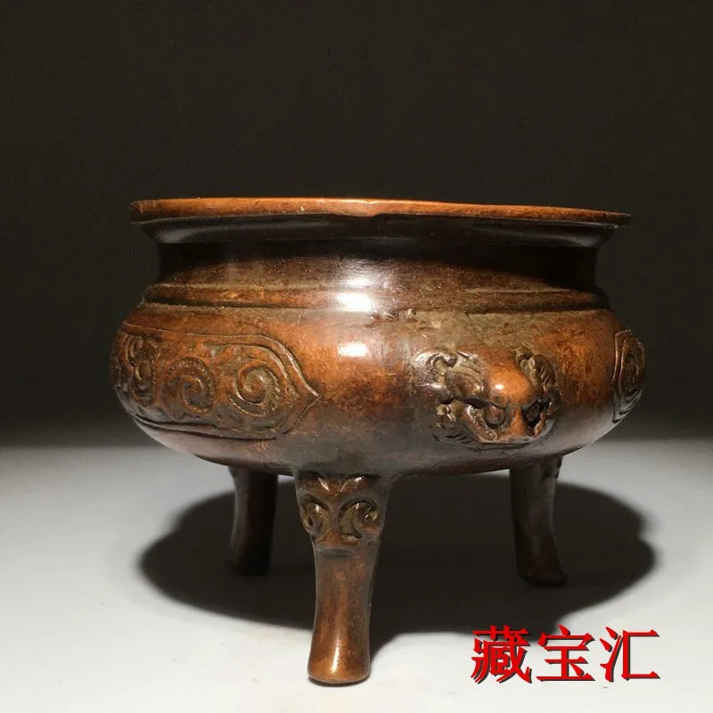 Vintage Old Copper Three Legged Tripod Double Ears Auspicious Beast Incense Burner Home Ornament