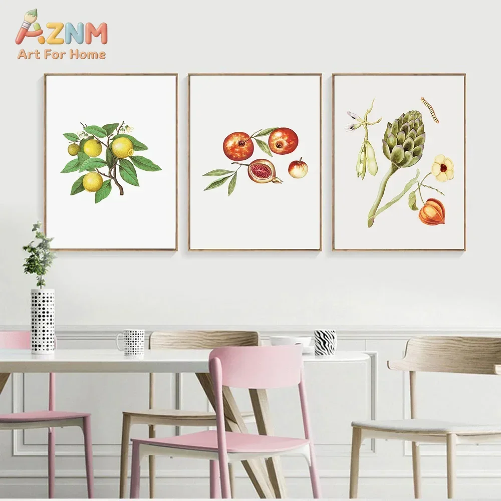 AZNM Vintage Botanical Fruit Canvas Wall Art Watercolor Lemon Pomegranate Artichoke Minimalist Kitchen Unframed Canvas Decor Pos