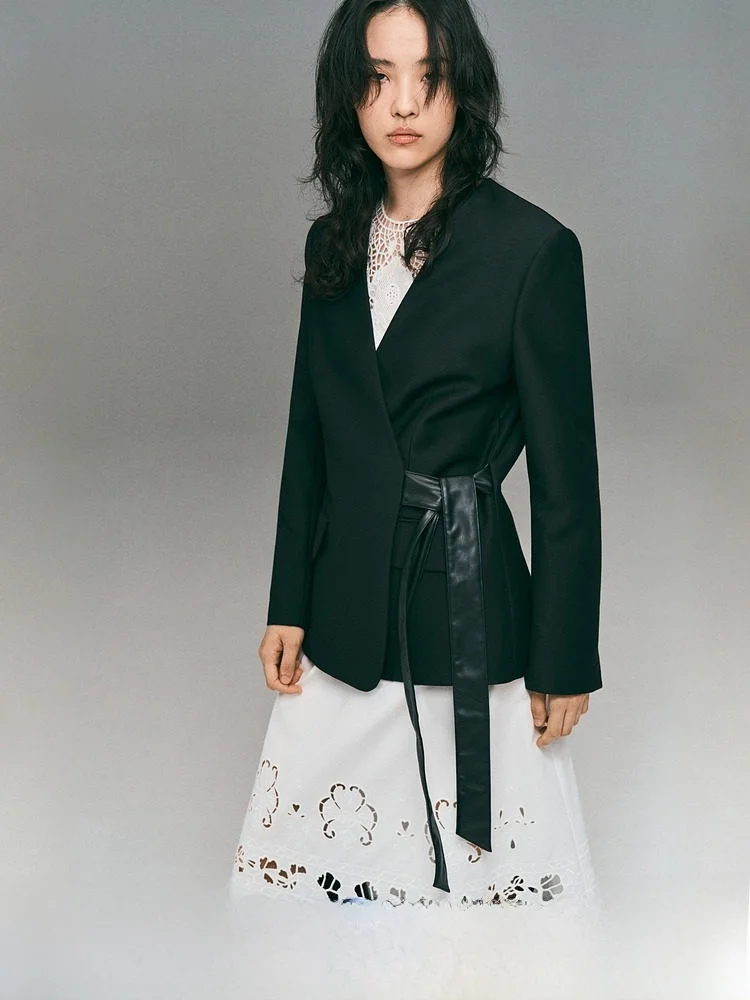 Casual Wrap V-Neck Design Women's Suit Summer Lightweight Shoulder Pad Jacket H&M 1311922 Polyester Rayon Spandex Blend