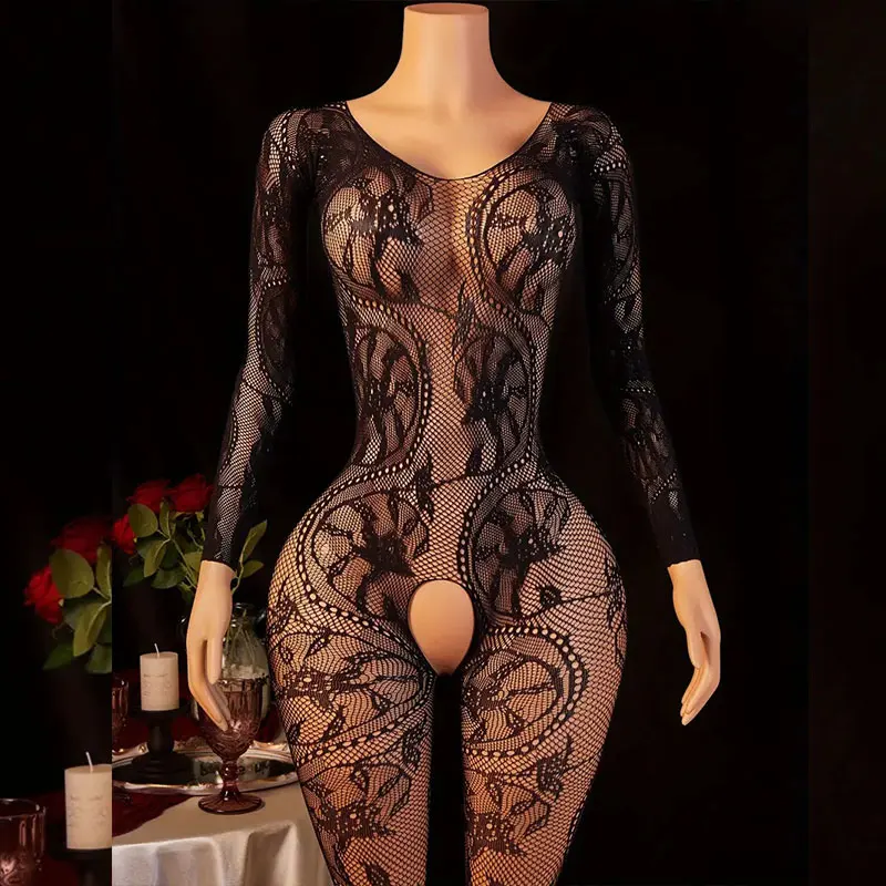 

Fishing Net With Patterned Body Stockings Crotchless Design Sexy Woman Lingerie Teddy Tight Jumpsuit Transparent Erotic Pajamas