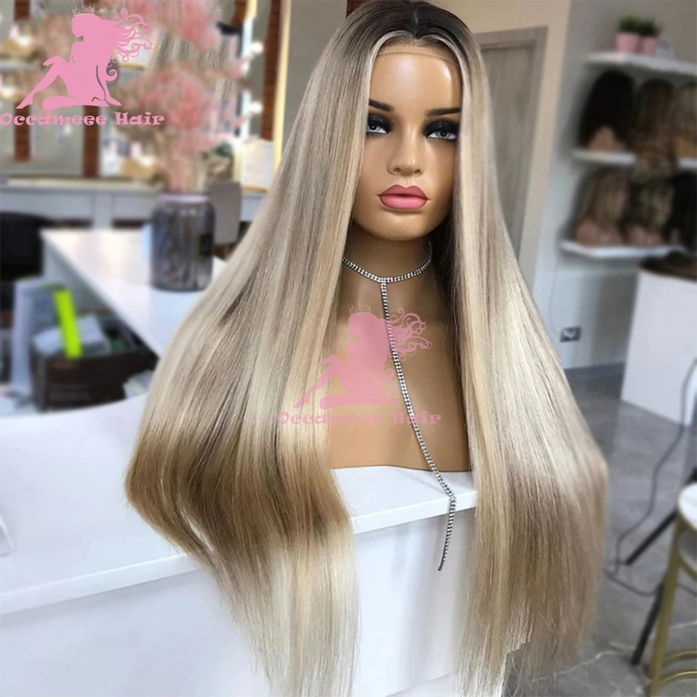 Ash Blonde Highlight 13x6 Lace Frontal Wigs Human Hair Colored Brazilian Human Hair Straight Ombre Wig Transparent Swiss Lace Fr