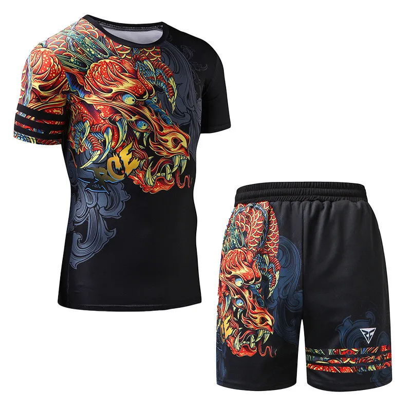 Men Short Sleeve Boxing Jersey Male GYM Fitness Tee + Shorts Sport Running Set Skiing Basketball Football Hiking Clothes Suit J9