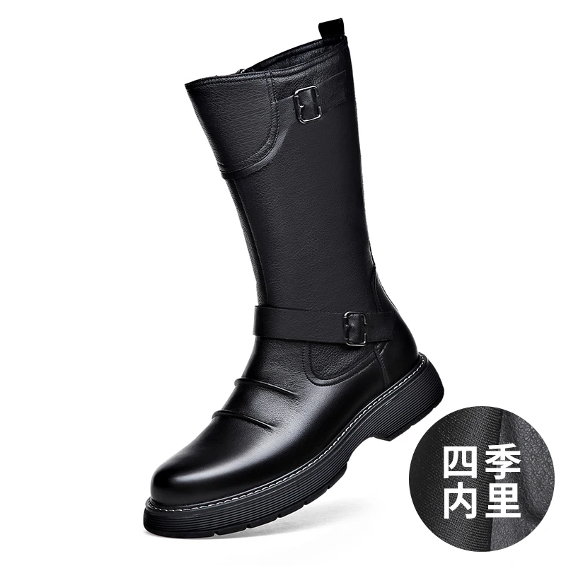 Long Boots Men\'s Soft Leather Thick Soled Leather Motorcycle Rider Elevated Riding High Barrel High Collar Plush Ankle Boots