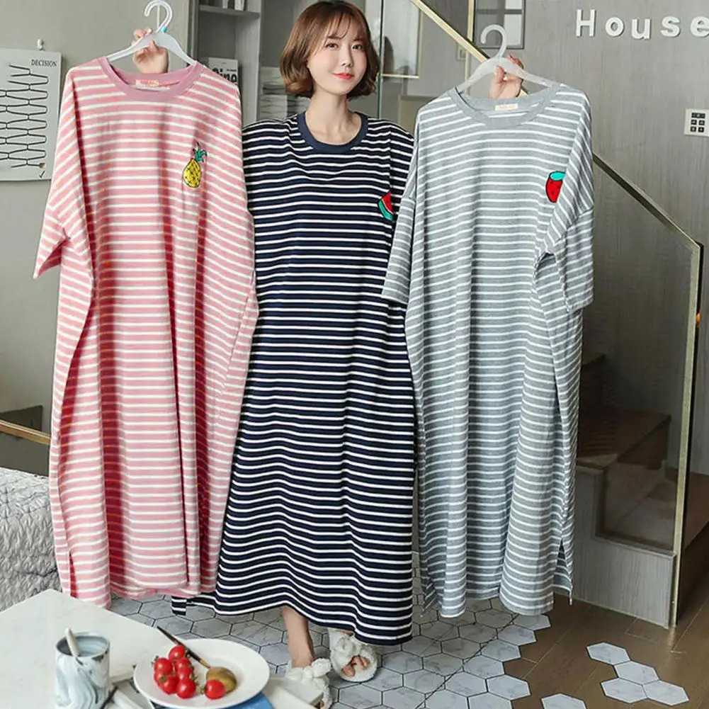 Lady Night Robe Soft Anti-pilling Stripes Pattern Lady Night Robe Friendly to Skin Women Summer Nightgown Female Garment