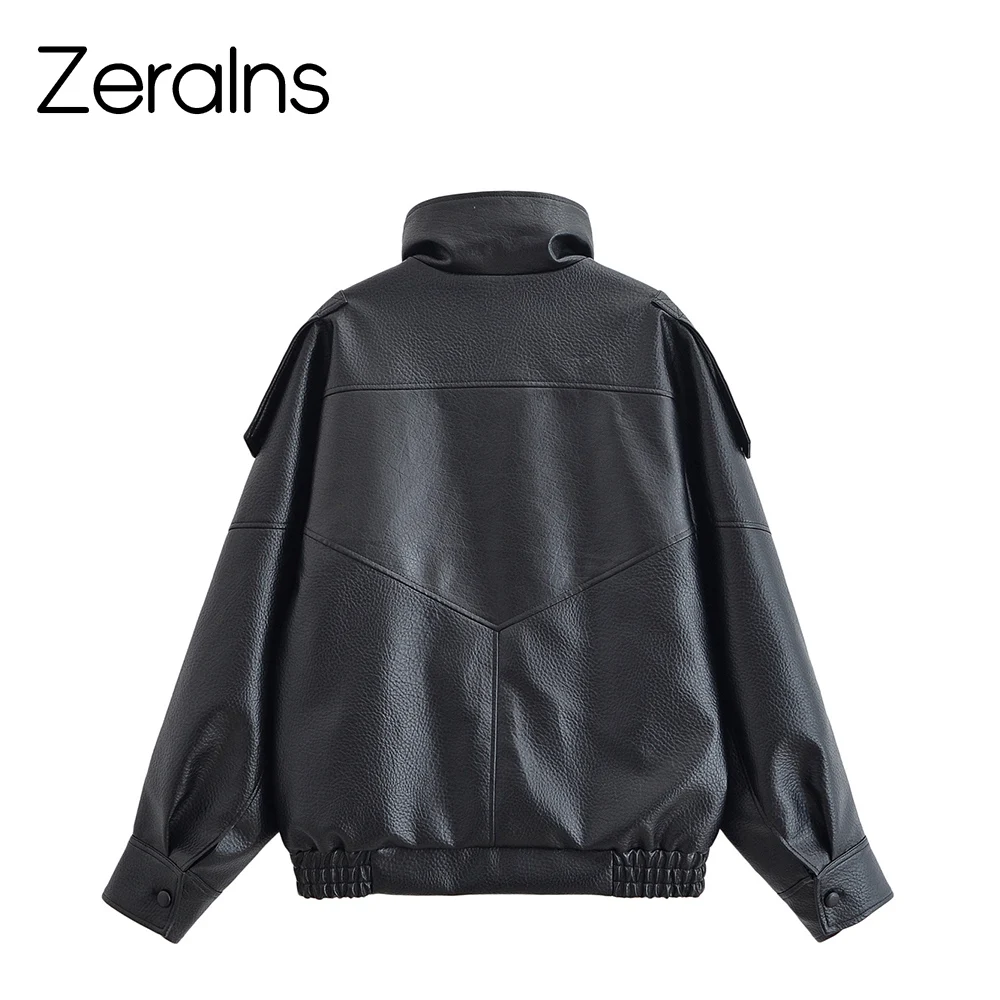 ZERAINS Autumn new women's clothing European and American fashion loose imitation leather long sleeved stand up collar jacket