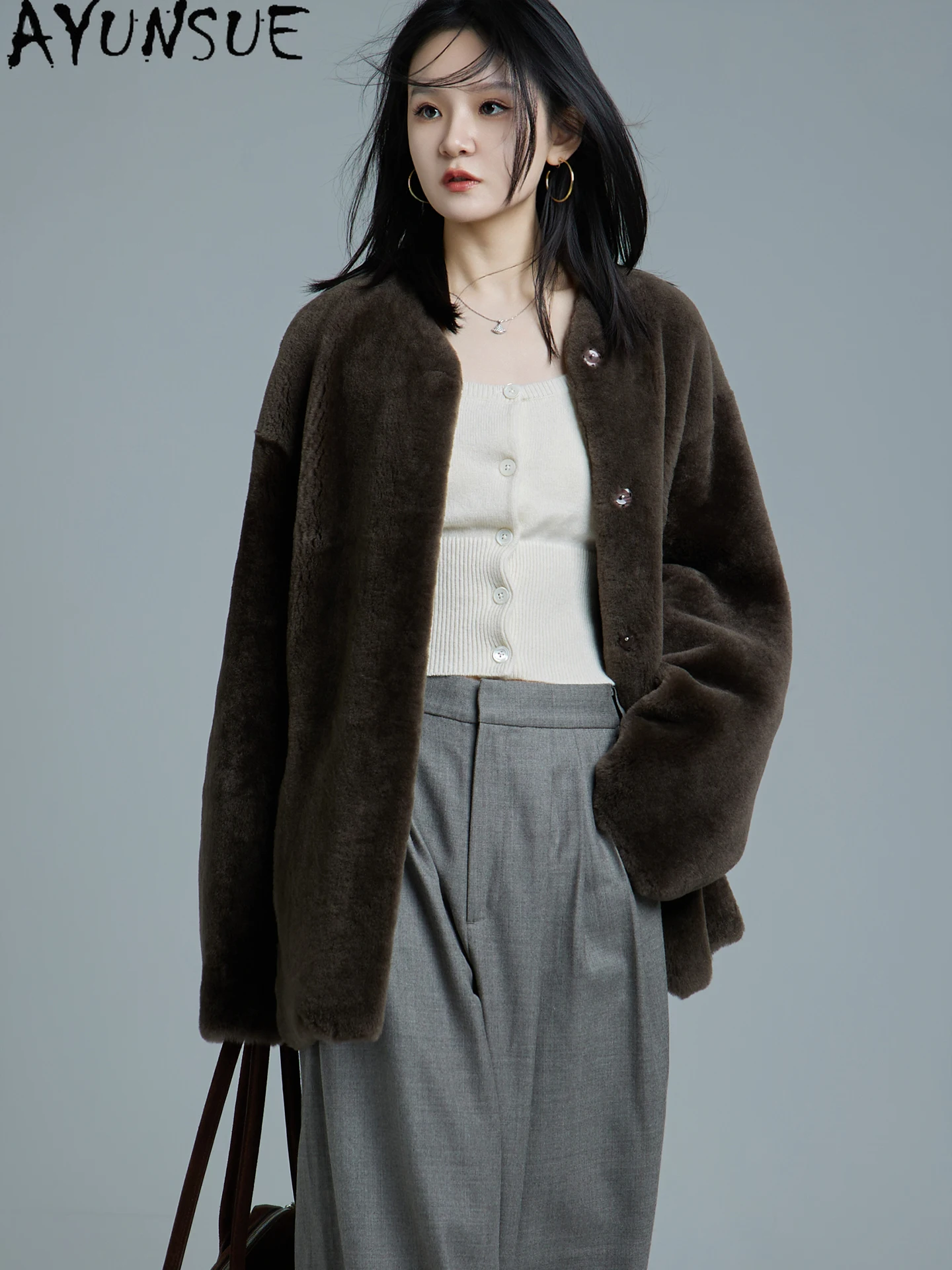 AYUNSUE Giacca in vera pelle da donna Cappotto di pelle di pecora merino Cappotti di vera pelliccia naturale Abiti invernali caldi Scollo a V femminile Шуба Ж Jayacud