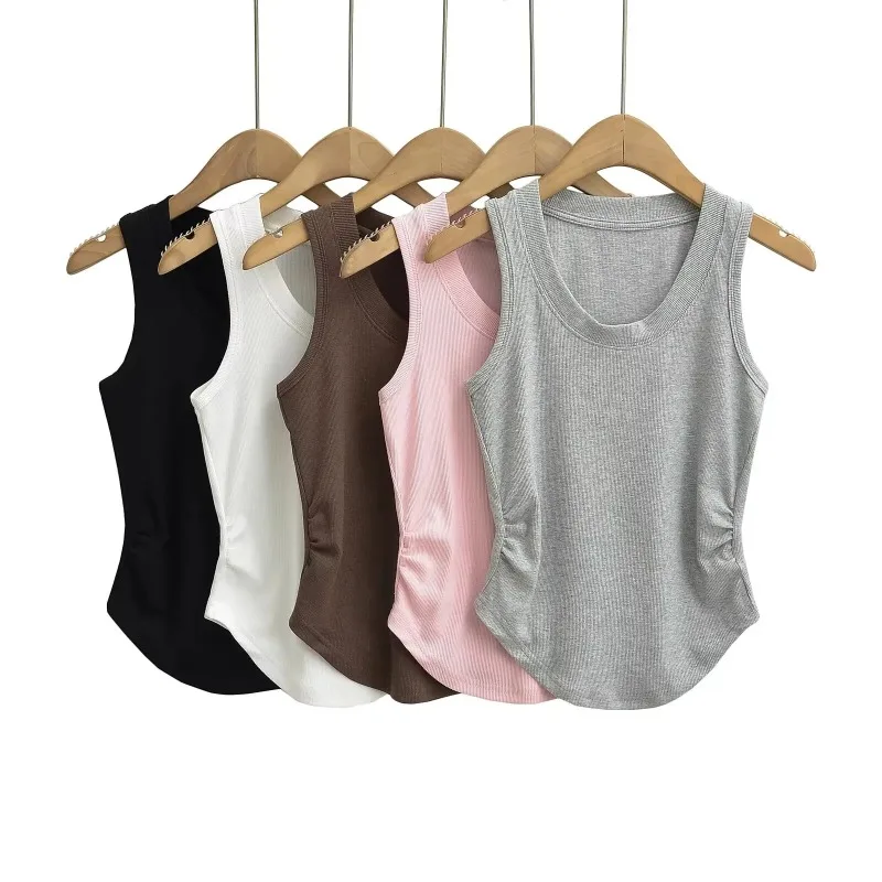 Side Fold 2024 Women Sleeveless Tank Crewneck Crop Vests Summer New Sexy Women's Sling Vest Camis