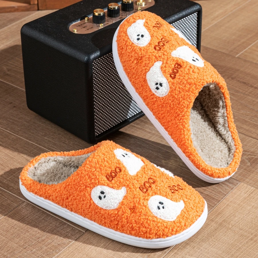 Men Slippers Halloween Little Ghost Embroidery Fuzzy Indoor Sole Non-Slip Comfort Warm Couple Home Shoes