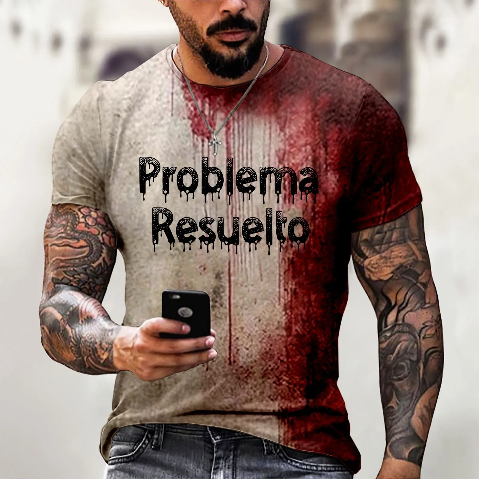 Men's Problem Bloody Graphic Halloween T-Shirt Short Sleeve Crew Neck Large Size Tshirts For Men Horrible Tee Shirt Tops