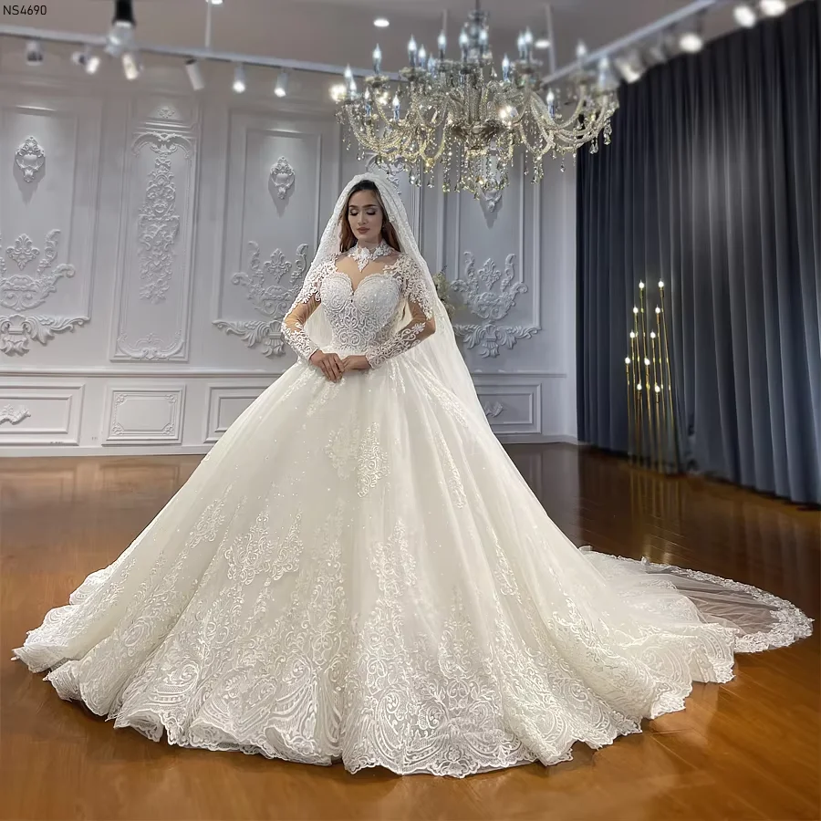 Customized Luxury Lace Wedding Dress Long Sleeves Beaded Bodice Embroidered Ball Gown Amanda Novias Official