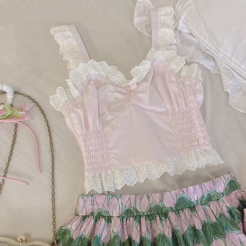 Sweet Pink Lolita Crop Top Women Summer Chic Lace Bow Sleeveless Camisole Japan Aesthetic Princess Tank Tops Kawaii Cute Clothes