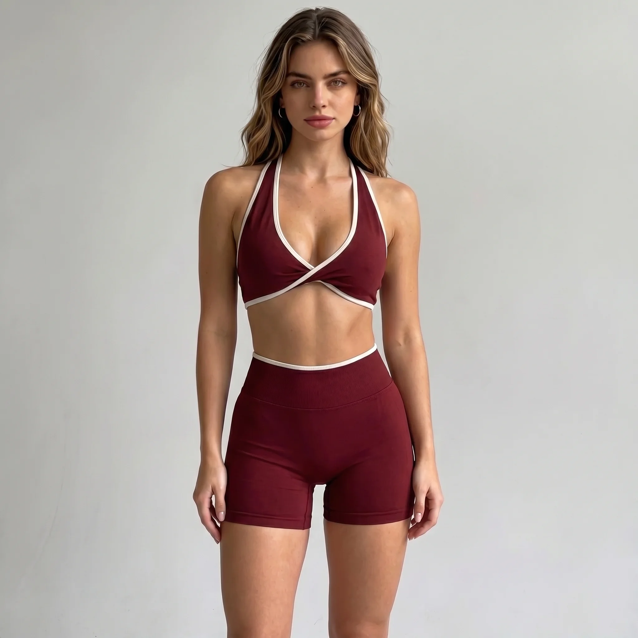 Women's Seamless Sports Bra Vest High Elasticity Gym Bra Sports Shorts Set Splicing Gathering Running Fitness Hip Lifting