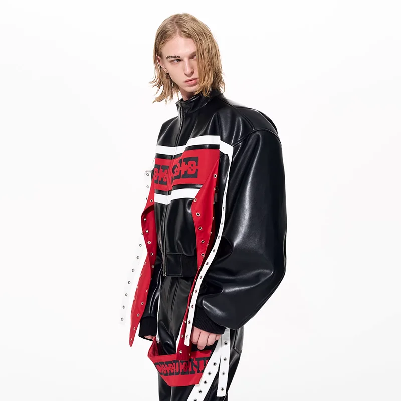 LUZHEN 2025 New Color Contrast Patchwork Design Stand Neck Leather Motorcycles Jacket Men's Fashion Handsome Street Coat JY5712