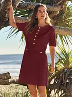 Womens Knit Button Dress Short Sleeve A-Line Business Casual Elegant Work Dress - Image 3