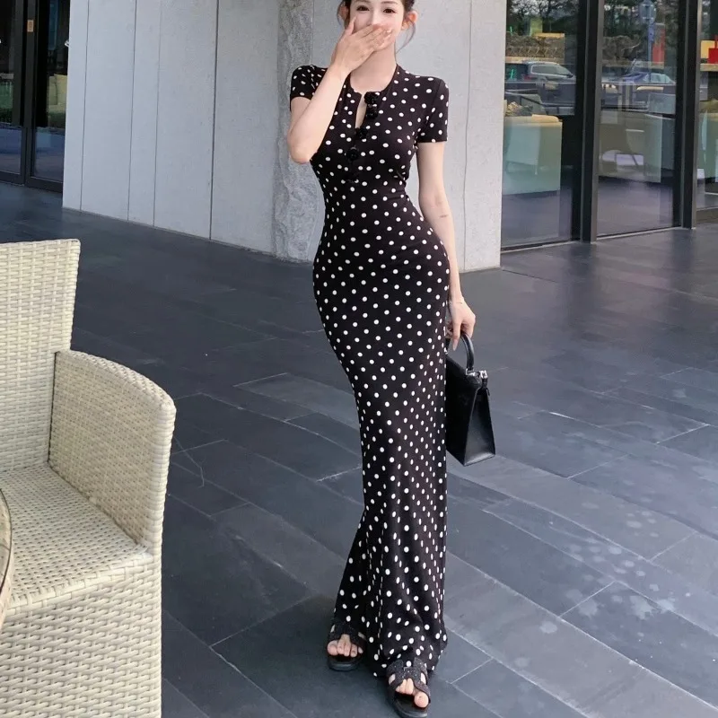 Ele Polka Dot V-Ne Floral Langes schlankmachendes Dr. Luxusgefühl Baumwoll-Sommerkleid Weicher Stoff Fi Tail Rock Ort Sve
