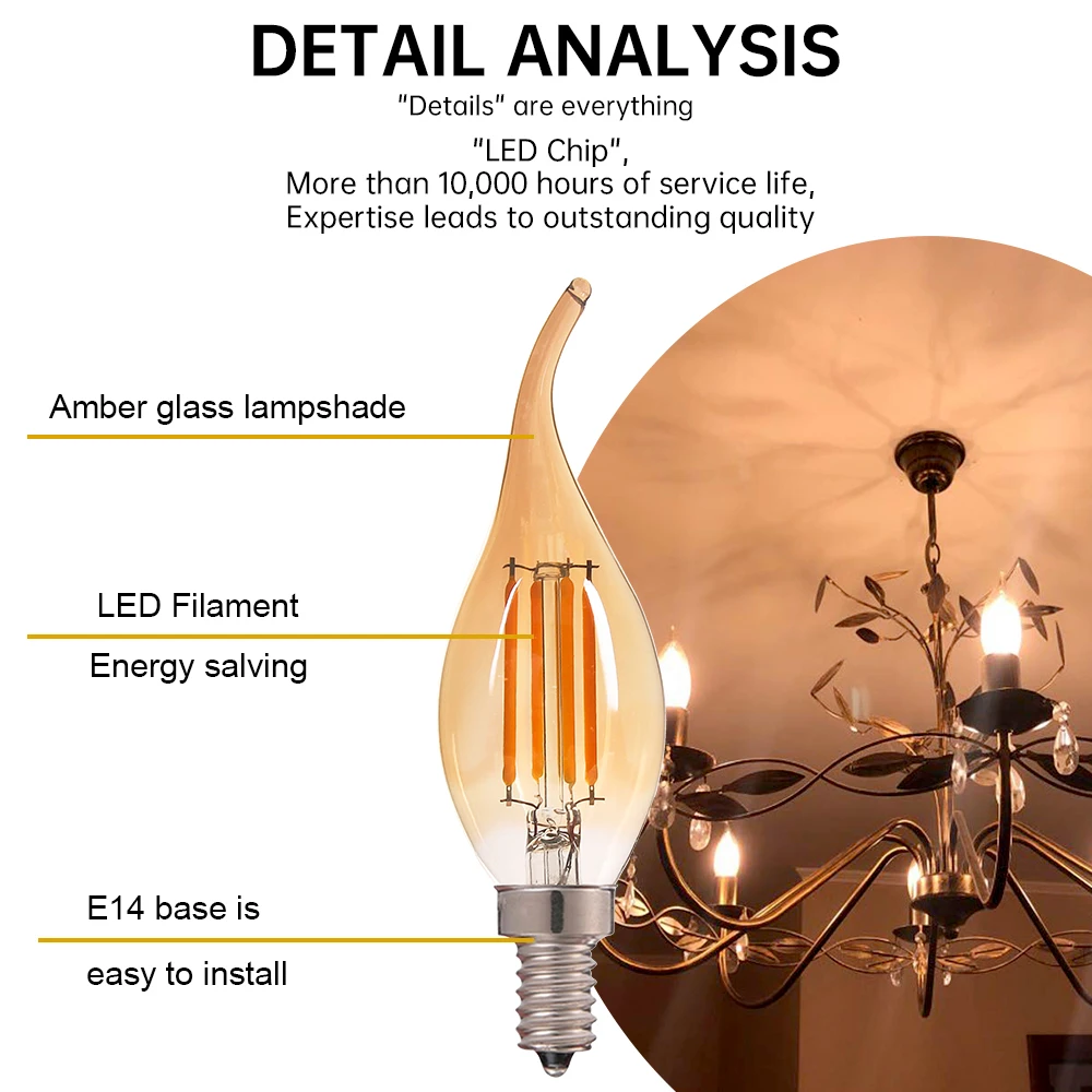 Lampadina a filamento LED 4W Edison C35 E14 E12 2700K Lampadine in vetro ambrato retrò bianco caldo 220V 110V Luci di ricambio a incandescenza