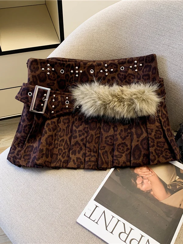 Slimming Short Skirt with Furry Belt Heavy Embroidery Retro Style American Personality Half-length A-Line Skirt for Girls