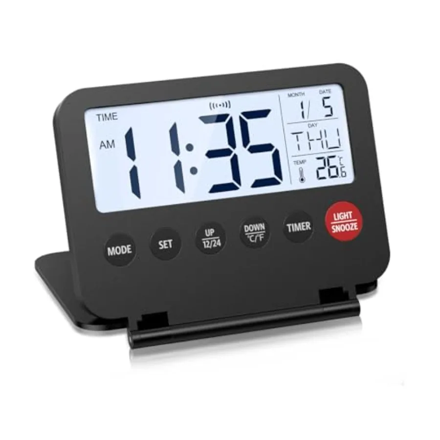 

Digital Travel Alarm Clock, Small Foldable Alarm Clock, Battery Operated LCD Desk Clock, Simple Operation Calendar Clock with B
