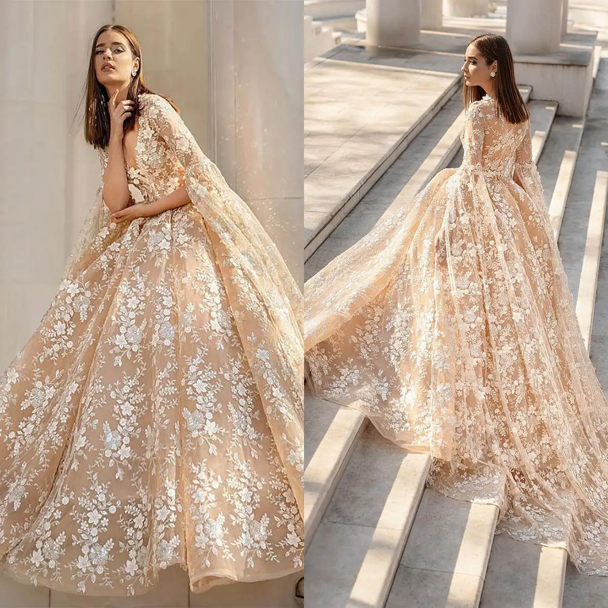 Abiti da sposa romantici Abito da ballo con scollo a V Appliques Abiti da sposa principessa lunghi fino al pavimento Abiti da sposa personalizzati